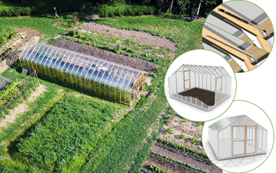 plan 3D grande serre en bois et polycarbonate